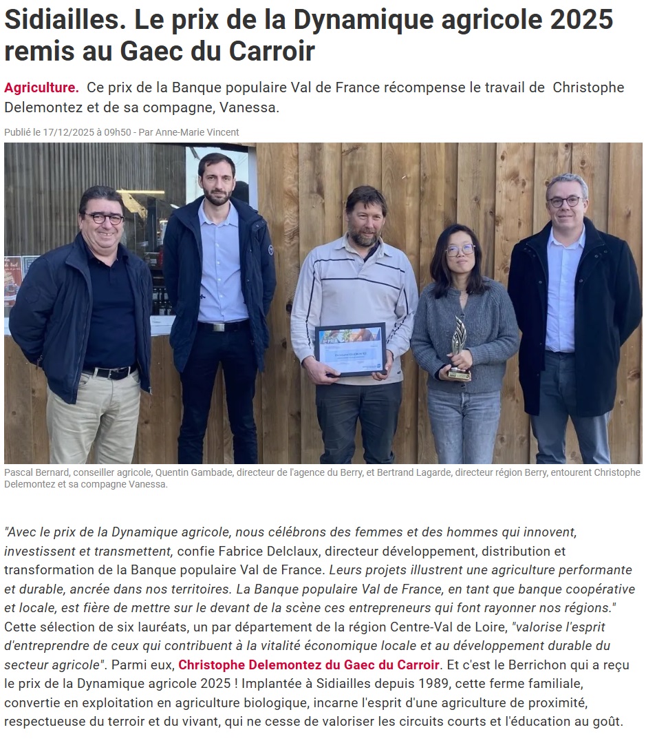 Sidiailles. Le prix de la Dynamique agricole 2025 remis au Gaec du Carroir